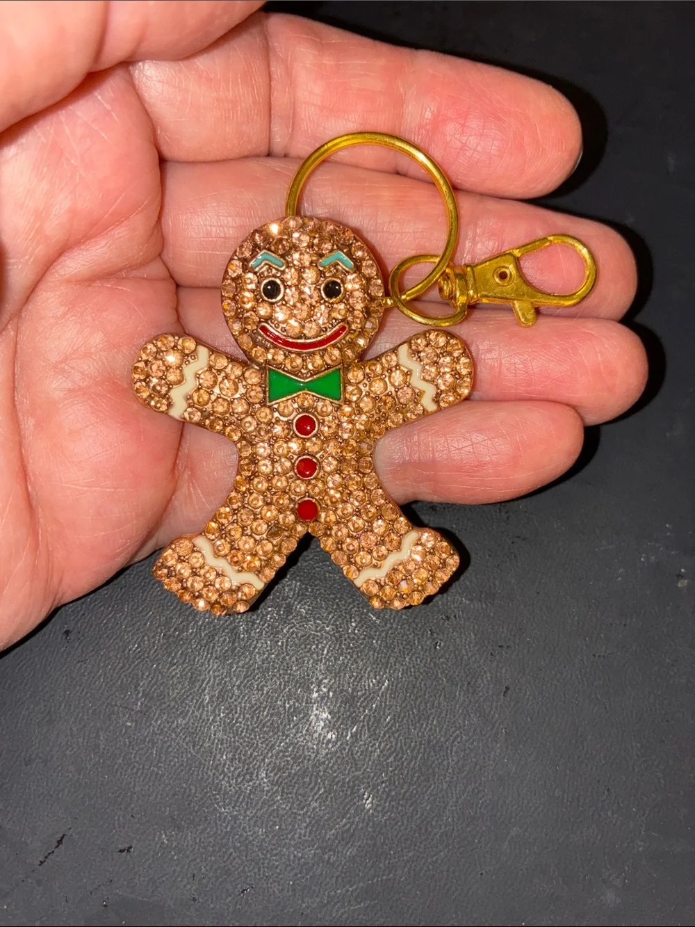 Crystal Gingerbread Keychain Charm in Brown with Green Bow